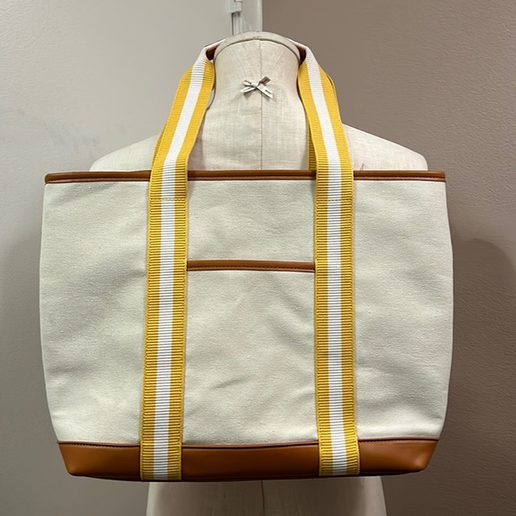 CREAM and Brown Canvas Tote Farmers Market Bag L 14” H 11.4” W 4” - Picture 1 of 13